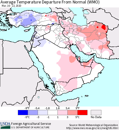 Middle East and Turkey Average Temperature Departure from Normal (WMO) Thematic Map For 3/16/2020 - 3/22/2020
