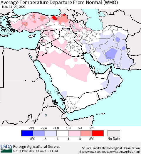 Middle East and Turkey Average Temperature Departure from Normal (WMO) Thematic Map For 3/23/2020 - 3/29/2020