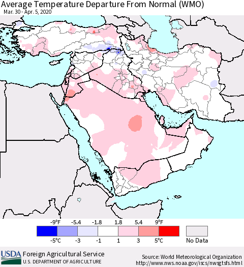 Middle East and Turkey Average Temperature Departure from Normal (WMO) Thematic Map For 3/30/2020 - 4/5/2020