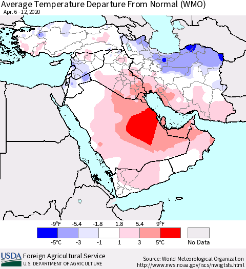 Middle East and Turkey Average Temperature Departure from Normal (WMO) Thematic Map For 4/6/2020 - 4/12/2020