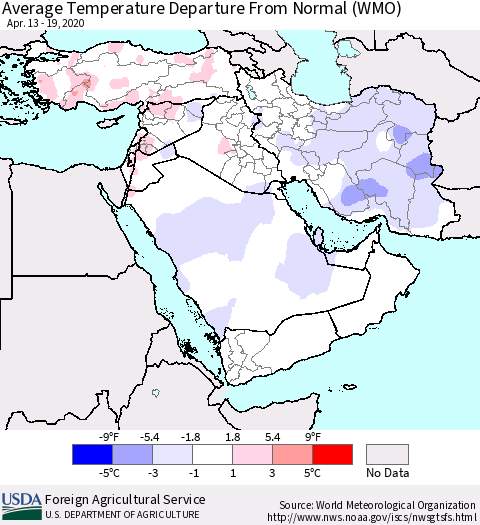 Middle East and Turkey Average Temperature Departure from Normal (WMO) Thematic Map For 4/13/2020 - 4/19/2020