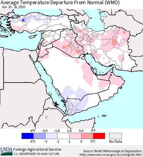 Middle East and Turkey Average Temperature Departure from Normal (WMO) Thematic Map For 4/20/2020 - 4/26/2020