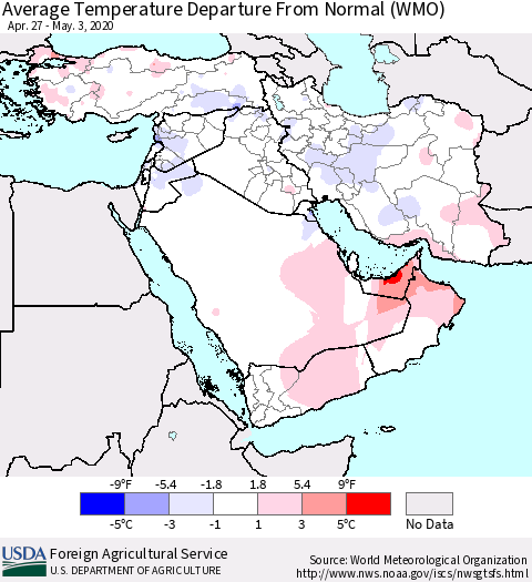 Middle East and Turkey Average Temperature Departure from Normal (WMO) Thematic Map For 4/27/2020 - 5/3/2020