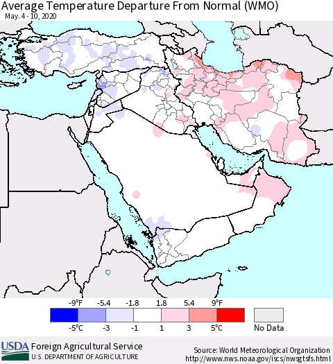 Middle East and Turkey Average Temperature Departure from Normal (WMO) Thematic Map For 5/4/2020 - 5/10/2020