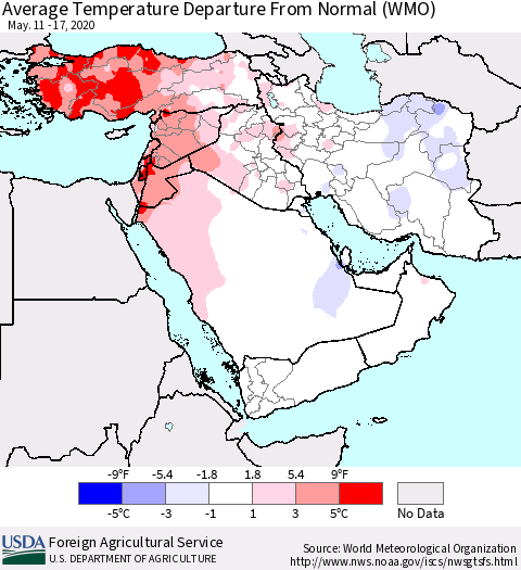 Middle East and Turkey Average Temperature Departure from Normal (WMO) Thematic Map For 5/11/2020 - 5/17/2020