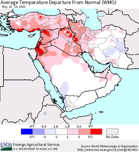 Middle East and Turkey Average Temperature Departure from Normal (WMO) Thematic Map For 5/18/2020 - 5/24/2020