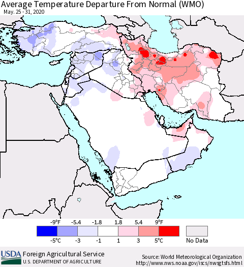 Middle East and Turkey Average Temperature Departure from Normal (WMO) Thematic Map For 5/25/2020 - 5/31/2020