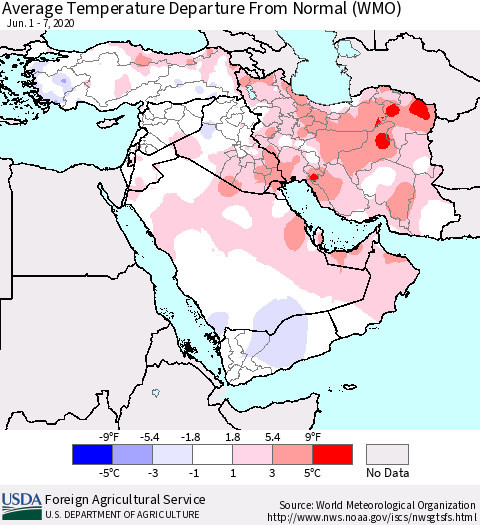 Middle East and Turkey Average Temperature Departure from Normal (WMO) Thematic Map For 6/1/2020 - 6/7/2020