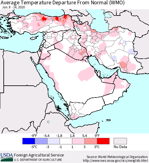 Middle East and Turkey Average Temperature Departure from Normal (WMO) Thematic Map For 6/8/2020 - 6/14/2020