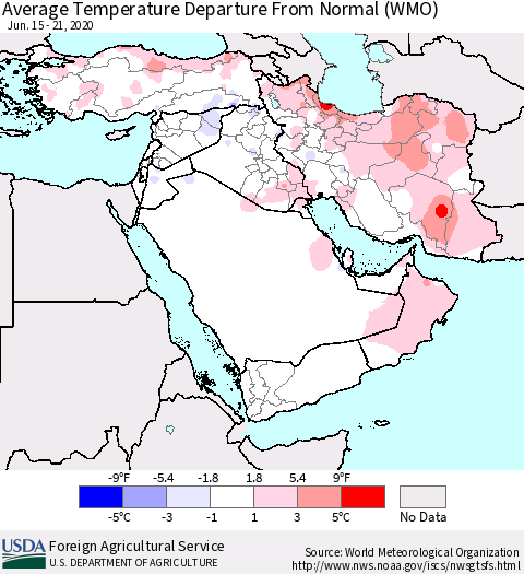 Middle East and Turkey Average Temperature Departure from Normal (WMO) Thematic Map For 6/15/2020 - 6/21/2020