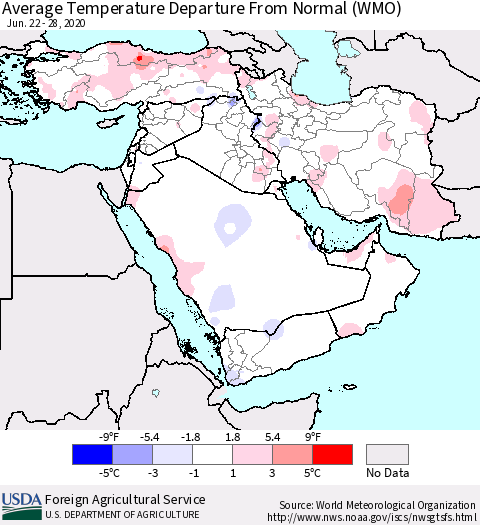 Middle East and Turkey Average Temperature Departure from Normal (WMO) Thematic Map For 6/22/2020 - 6/28/2020
