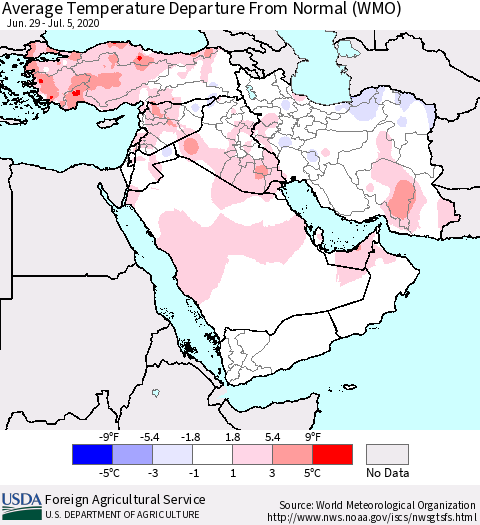Middle East and Turkey Average Temperature Departure from Normal (WMO) Thematic Map For 6/29/2020 - 7/5/2020