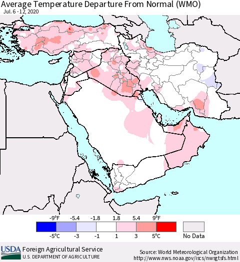 Middle East and Turkey Average Temperature Departure from Normal (WMO) Thematic Map For 7/6/2020 - 7/12/2020