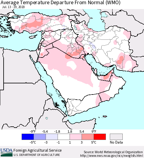 Middle East and Turkey Average Temperature Departure from Normal (WMO) Thematic Map For 7/13/2020 - 7/19/2020