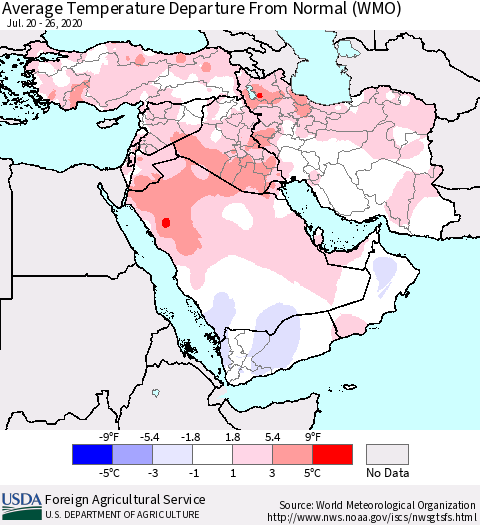 Middle East and Turkey Average Temperature Departure from Normal (WMO) Thematic Map For 7/20/2020 - 7/26/2020