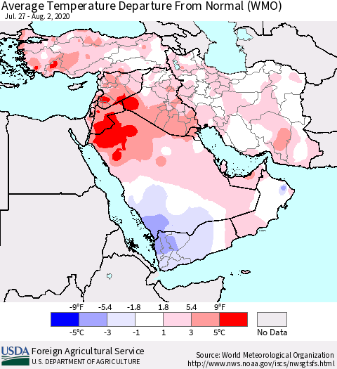 Middle East and Turkey Average Temperature Departure from Normal (WMO) Thematic Map For 7/27/2020 - 8/2/2020