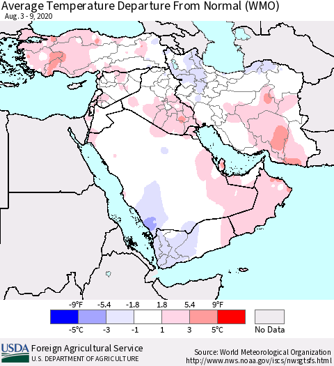 Middle East and Turkey Average Temperature Departure from Normal (WMO) Thematic Map For 8/3/2020 - 8/9/2020