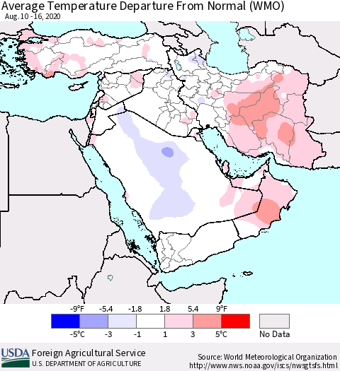 Middle East and Turkey Average Temperature Departure from Normal (WMO) Thematic Map For 8/10/2020 - 8/16/2020