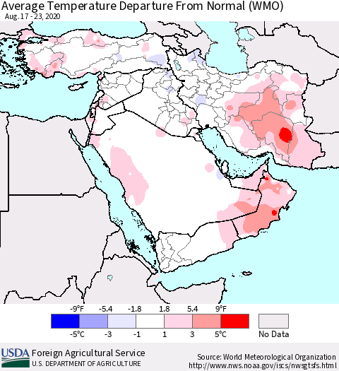 Middle East and Turkey Average Temperature Departure from Normal (WMO) Thematic Map For 8/17/2020 - 8/23/2020