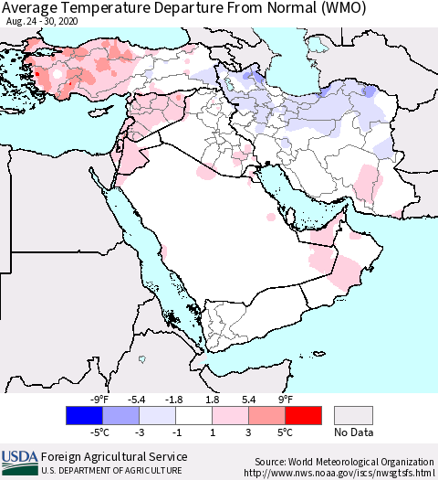 Middle East and Turkey Average Temperature Departure from Normal (WMO) Thematic Map For 8/24/2020 - 8/30/2020