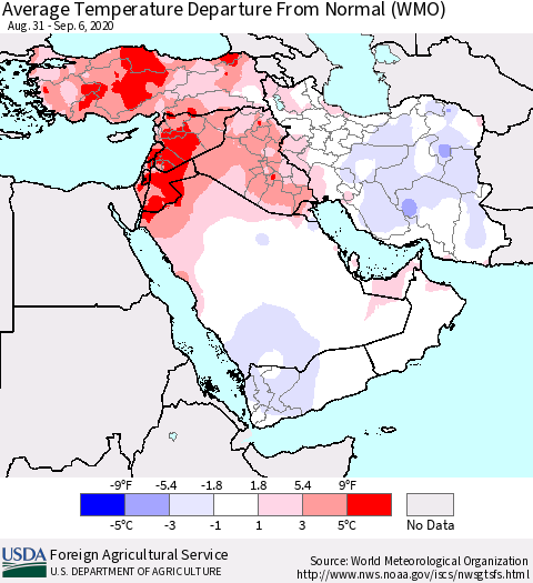 Middle East and Turkey Average Temperature Departure from Normal (WMO) Thematic Map For 8/31/2020 - 9/6/2020