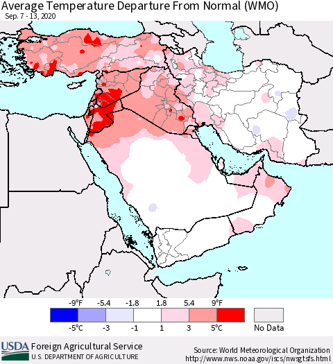 Middle East and Turkey Average Temperature Departure from Normal (WMO) Thematic Map For 9/7/2020 - 9/13/2020