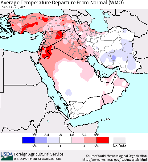 Middle East and Turkey Average Temperature Departure from Normal (WMO) Thematic Map For 9/14/2020 - 9/20/2020