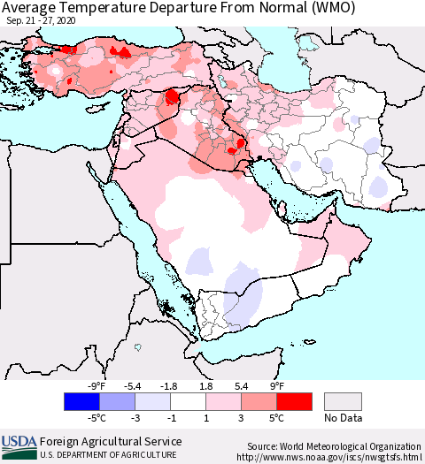 Middle East and Turkey Average Temperature Departure from Normal (WMO) Thematic Map For 9/21/2020 - 9/27/2020