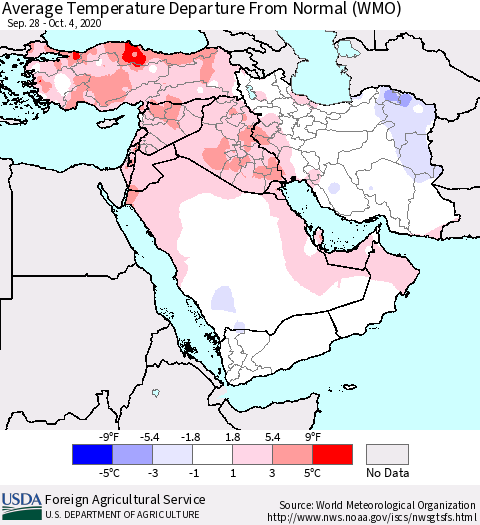 Middle East and Turkey Average Temperature Departure from Normal (WMO) Thematic Map For 9/28/2020 - 10/4/2020