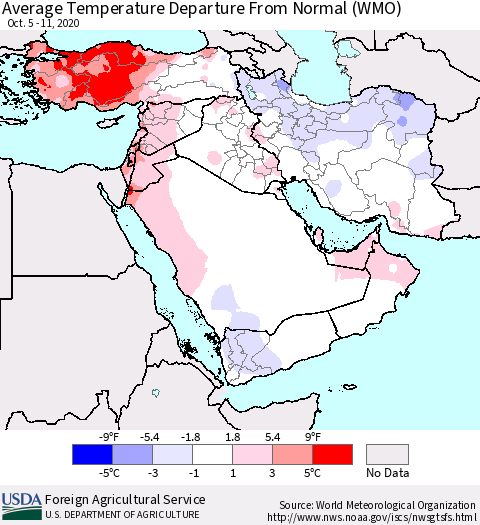 Middle East and Turkey Average Temperature Departure from Normal (WMO) Thematic Map For 10/5/2020 - 10/11/2020