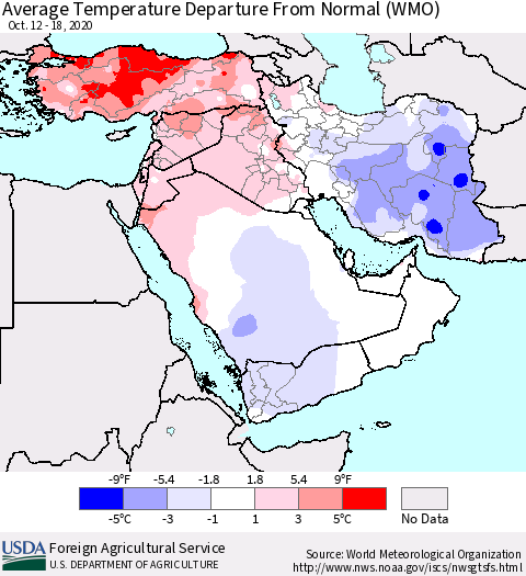 Middle East and Turkey Average Temperature Departure from Normal (WMO) Thematic Map For 10/12/2020 - 10/18/2020