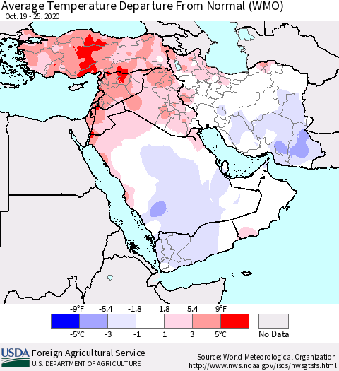 Middle East and Turkey Average Temperature Departure from Normal (WMO) Thematic Map For 10/19/2020 - 10/25/2020