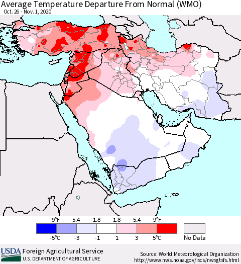 Middle East and Turkey Average Temperature Departure from Normal (WMO) Thematic Map For 10/26/2020 - 11/1/2020