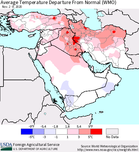 Middle East and Turkey Average Temperature Departure from Normal (WMO) Thematic Map For 11/2/2020 - 11/8/2020