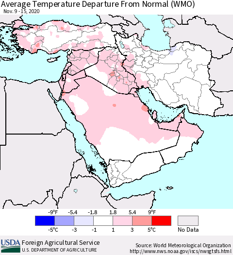 Middle East and Turkey Average Temperature Departure from Normal (WMO) Thematic Map For 11/9/2020 - 11/15/2020