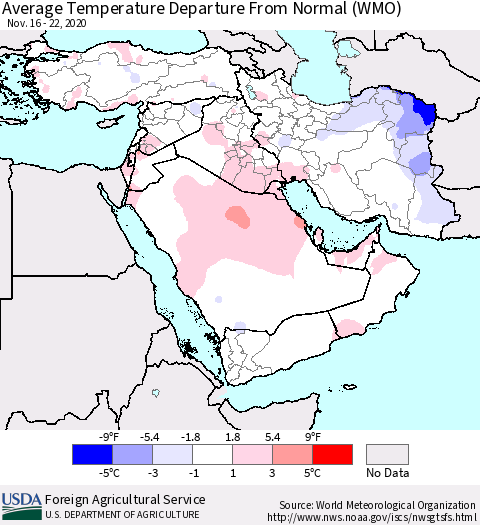 Middle East and Turkey Average Temperature Departure from Normal (WMO) Thematic Map For 11/16/2020 - 11/22/2020