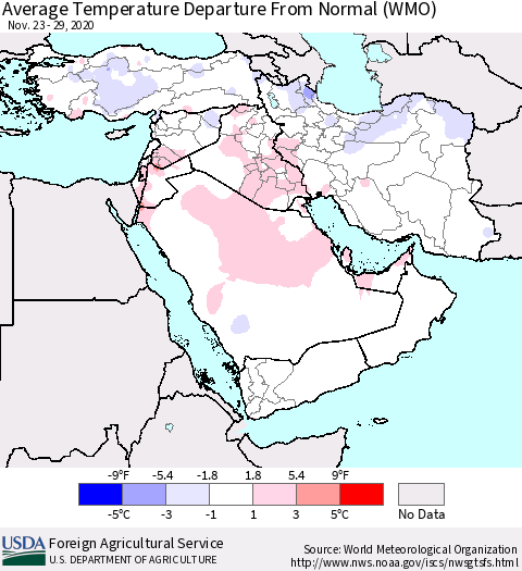 Middle East and Turkey Average Temperature Departure from Normal (WMO) Thematic Map For 11/23/2020 - 11/29/2020