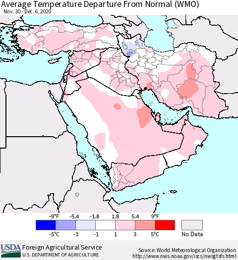 Middle East and Turkey Average Temperature Departure from Normal (WMO) Thematic Map For 11/30/2020 - 12/6/2020