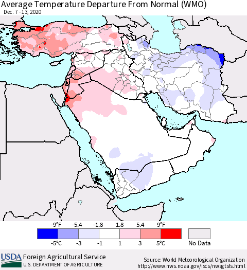 Middle East and Turkey Average Temperature Departure from Normal (WMO) Thematic Map For 12/7/2020 - 12/13/2020