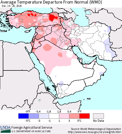 Middle East and Turkey Average Temperature Departure from Normal (WMO) Thematic Map For 12/14/2020 - 12/20/2020