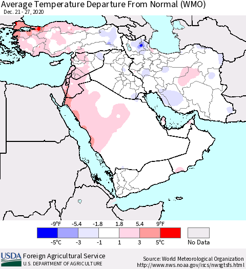 Middle East and Turkey Average Temperature Departure from Normal (WMO) Thematic Map For 12/21/2020 - 12/27/2020