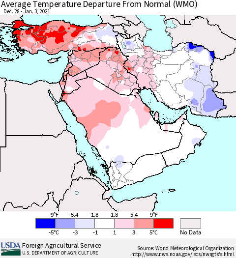 Middle East and Turkey Average Temperature Departure from Normal (WMO) Thematic Map For 12/28/2020 - 1/3/2021