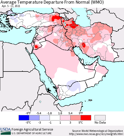 Middle East and Turkey Average Temperature Departure from Normal (WMO) Thematic Map For 4/5/2021 - 4/11/2021