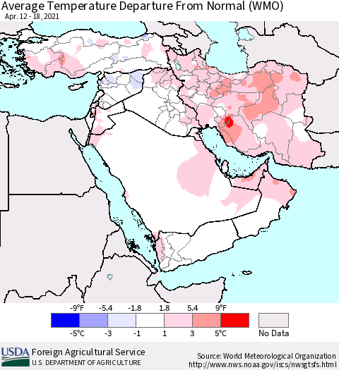 Middle East and Turkey Average Temperature Departure from Normal (WMO) Thematic Map For 4/12/2021 - 4/18/2021