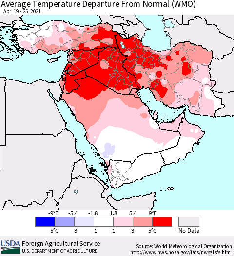 Middle East and Turkey Average Temperature Departure from Normal (WMO) Thematic Map For 4/19/2021 - 4/25/2021