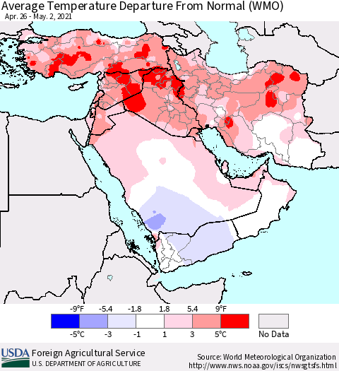 Middle East and Turkey Average Temperature Departure from Normal (WMO) Thematic Map For 4/26/2021 - 5/2/2021
