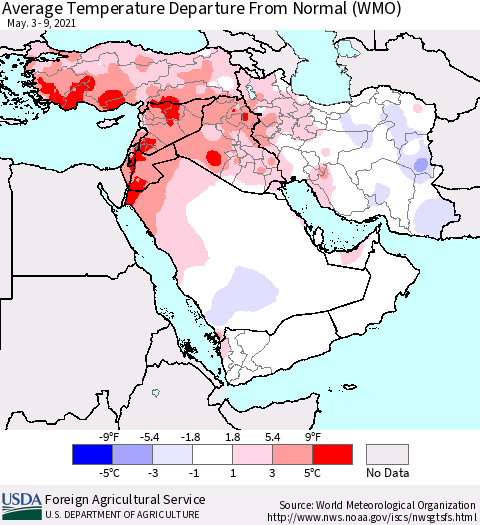 Middle East and Turkey Average Temperature Departure from Normal (WMO) Thematic Map For 5/3/2021 - 5/9/2021