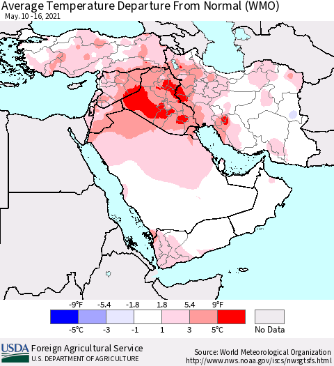 Middle East and Turkey Average Temperature Departure from Normal (WMO) Thematic Map For 5/10/2021 - 5/16/2021