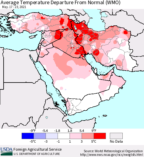 Middle East and Turkey Average Temperature Departure from Normal (WMO) Thematic Map For 5/17/2021 - 5/23/2021