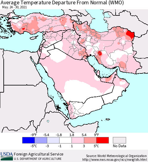 Middle East and Turkey Average Temperature Departure from Normal (WMO) Thematic Map For 5/24/2021 - 5/30/2021